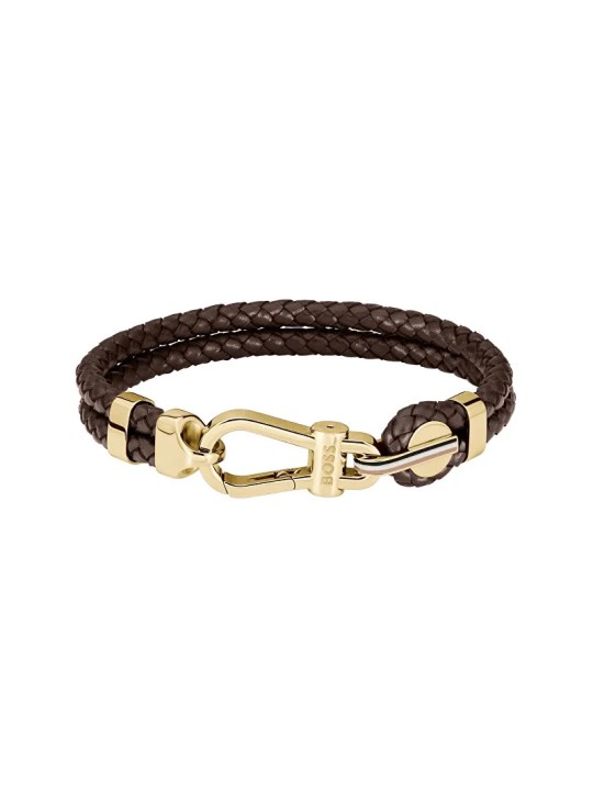 Hugo Boss Bracciale doppio alla moda in pelle marrone 1580700 - Lunghezza: 19 cm uomo