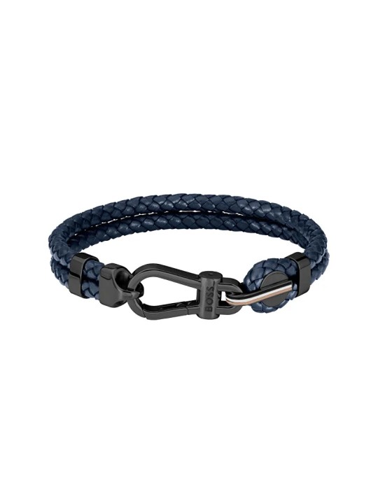 Hugo Boss Elegante bracciale doppio in pelle blu scuro 1580701 - Lunghezza: 19 cm uomo
