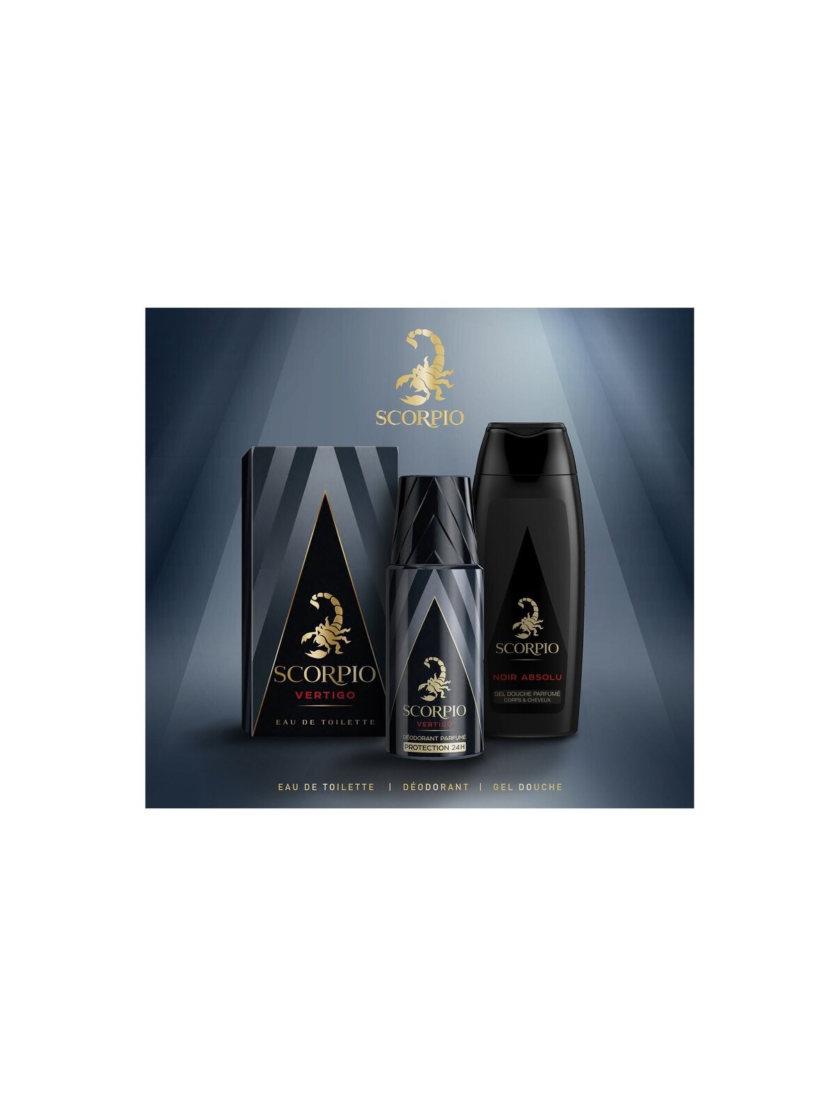 Set regalo Scorpio Vertigo: eau de toilette 75ml, gel doccia 250ml e deodorante spray 150ml uomo