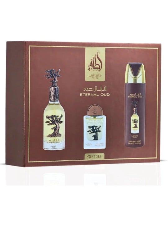 Lattafa Perfumes Eternal Oud Set regalo eau de parfum 100ml, deospray 200ml ed eau de parfum 20ml unisex