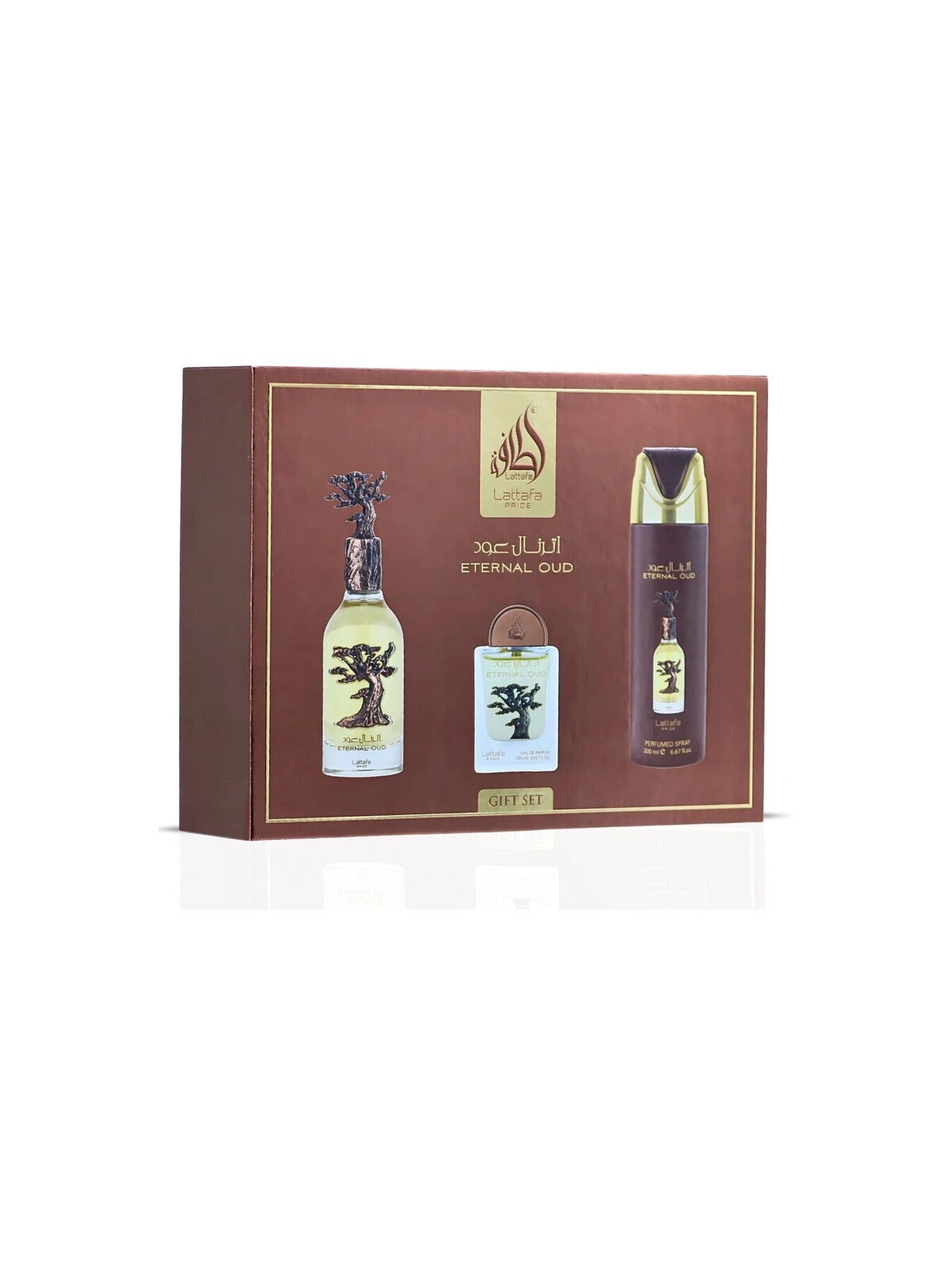 Lattafa Perfumes Eternal Oud Set regalo eau de parfum 100ml, deospray 200ml ed eau de parfum 20ml unisex