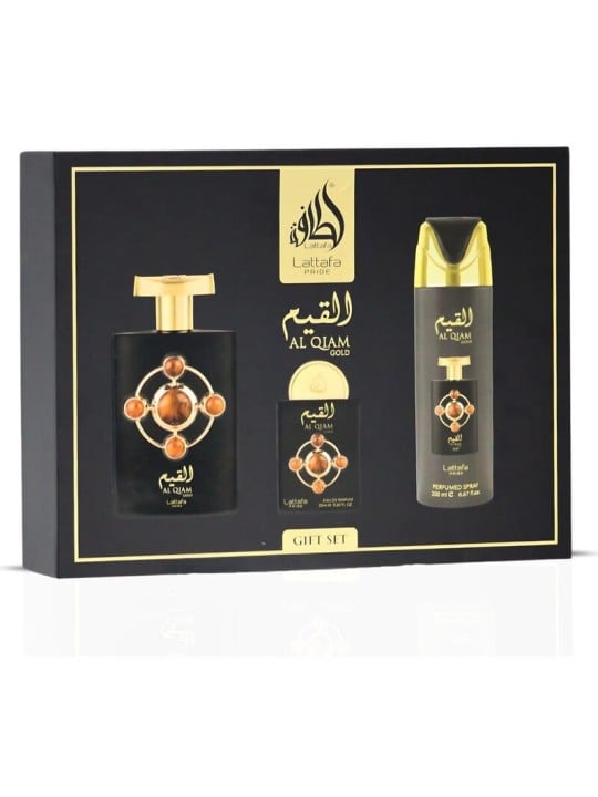 Lattafa Perfumes Al Qiam Gold Set regalo eau de parfum 100, deospray 200ml ed eau de parfum 20ml unisex