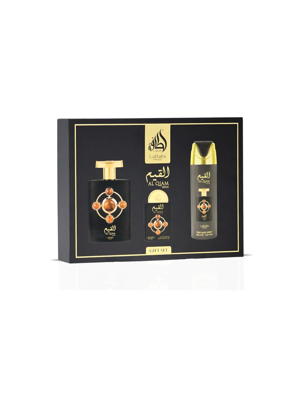 Lattafa Perfumes Al Qiam Gold Set regalo eau de parfum 100, deospray 200ml ed eau de parfum 20ml unisex