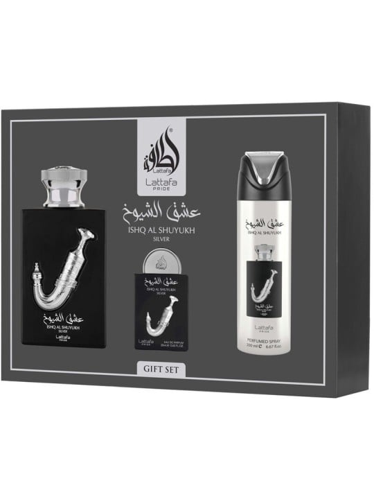 Lattafa Perfumes Ishq Al Shuyukh Silver Set regalo eau de parfum 100ml, deospray 200ml ed eau de parfum 20ml unisex