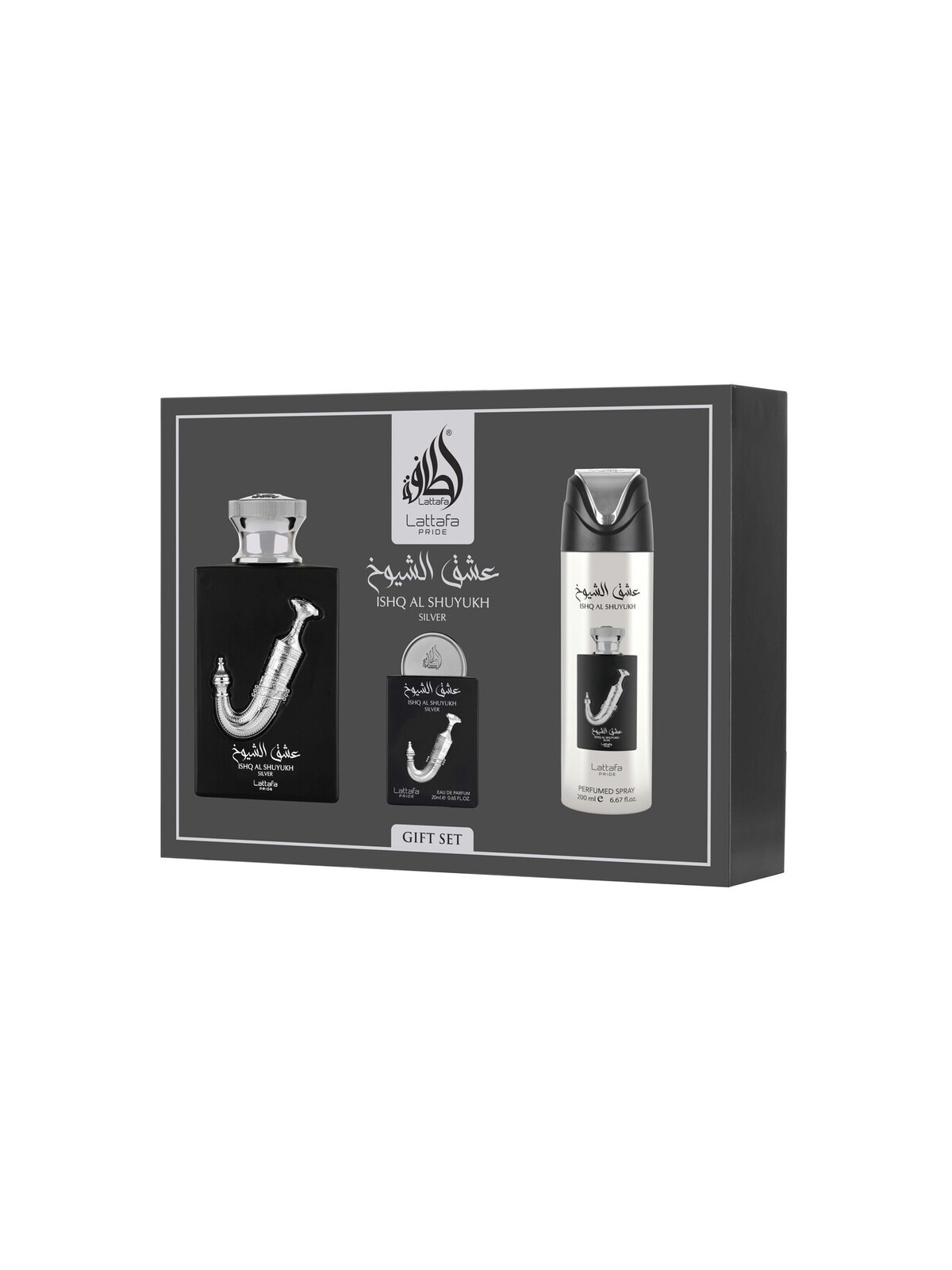 Lattafa Perfumes Ishq Al Shuyukh Silver Set regalo eau de parfum 100ml, deospray 200ml ed eau de parfum 20ml unisex