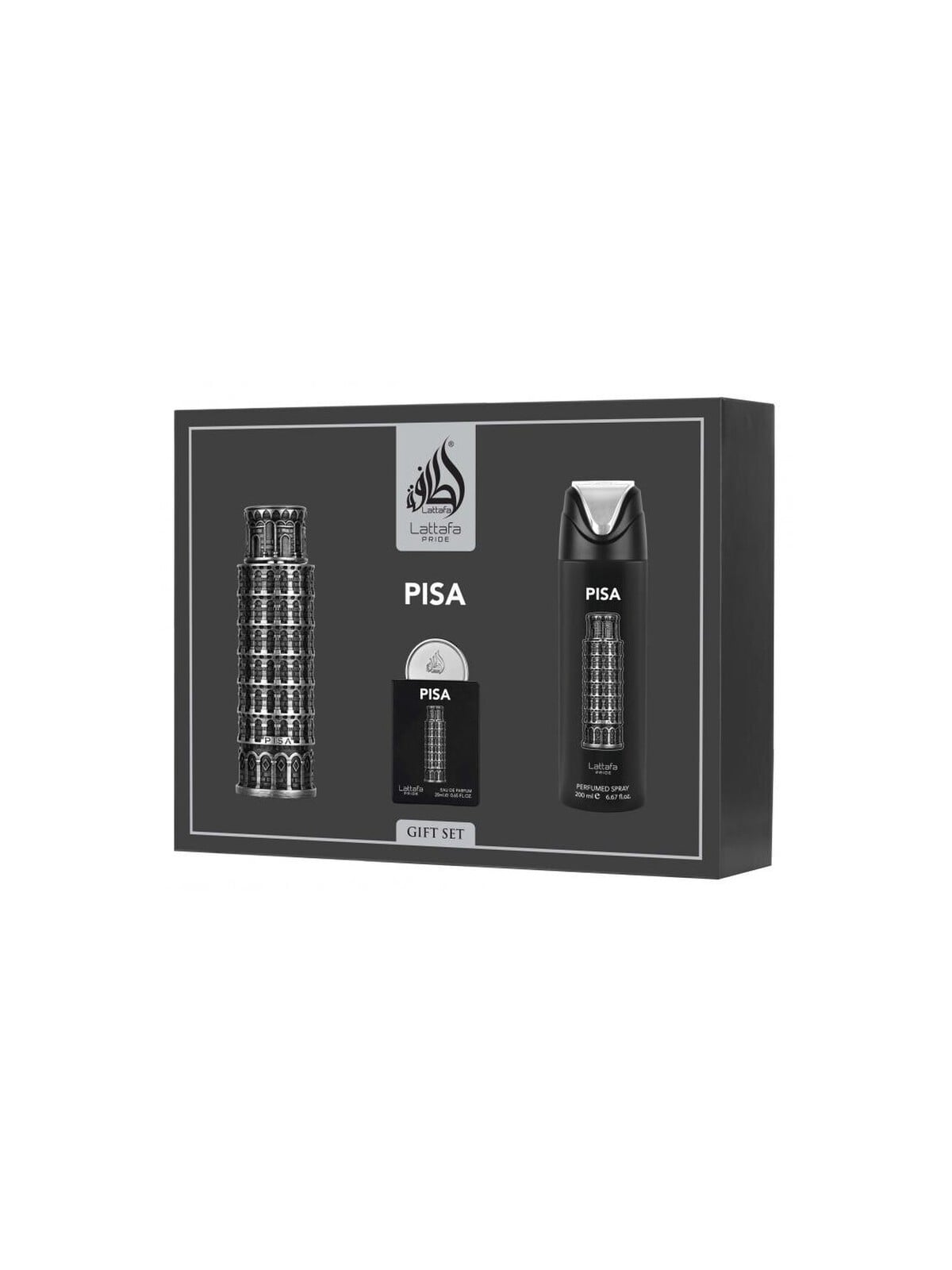 Lattafa Perfumes Pride Pisa Set regalo eau de parfum 100ml, deospray 200ml ed eau de parfum 20ml unisex