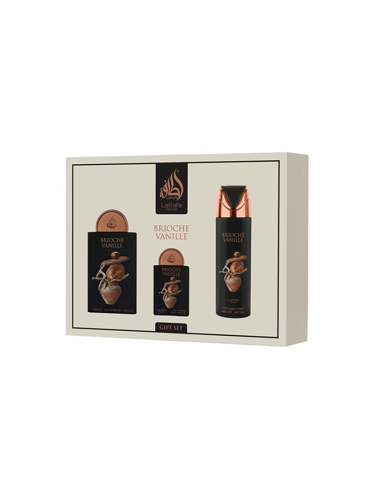 Lattafa Perfumes Brioche Vanille Set regalo eau de parfum 100ml, eau de parfum 20ml e deospray 200ml unisex