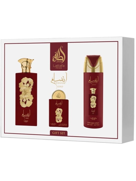 Lattafa Perfumes Ansaam Gold Set regalo eau de parfum 100ml, deospray 200ml ed eau de parfum 20ml unisex