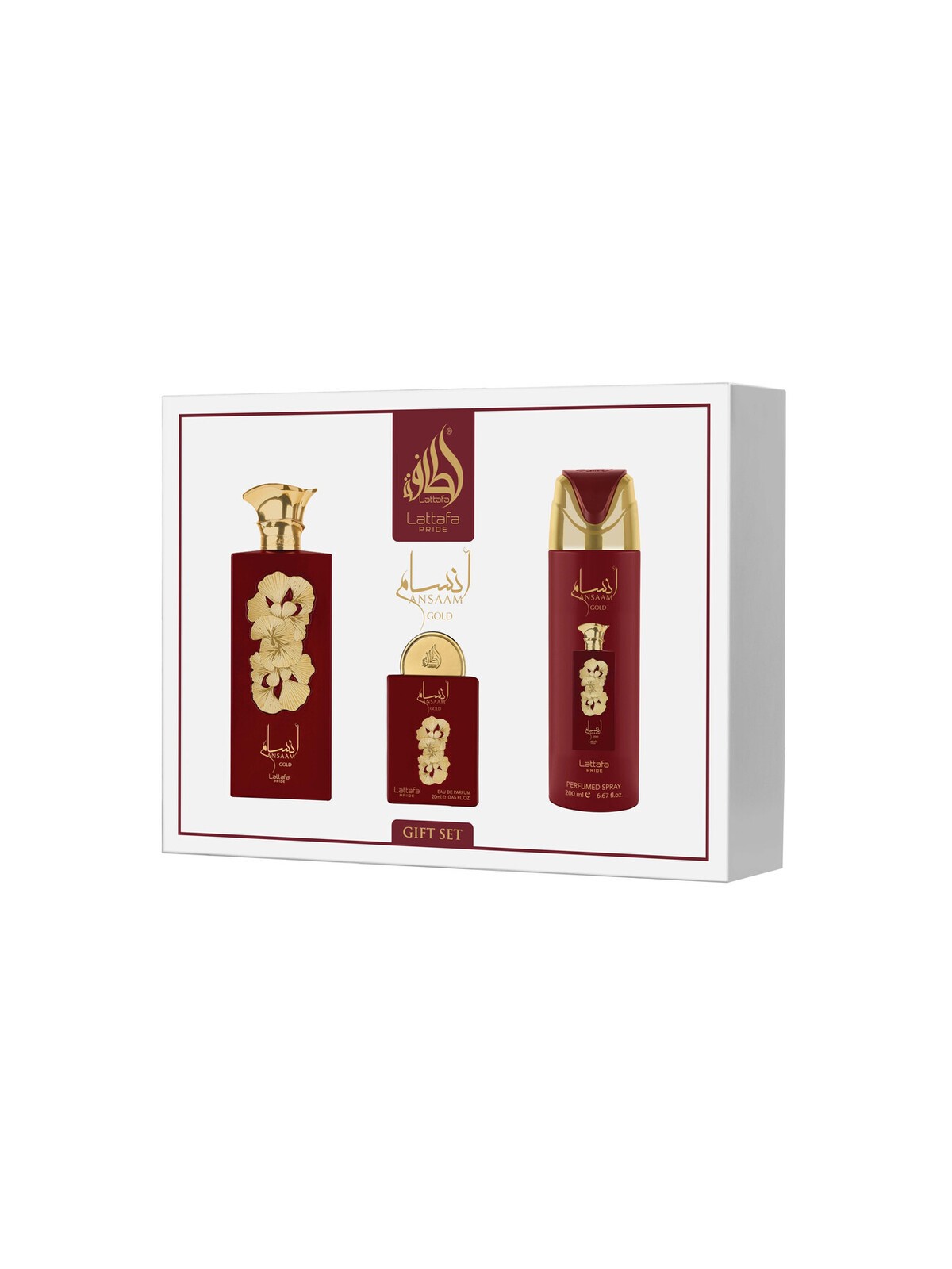 Lattafa Perfumes Ansaam Gold Set regalo eau de parfum 100ml, deospray 200ml ed eau de parfum 20ml unisex