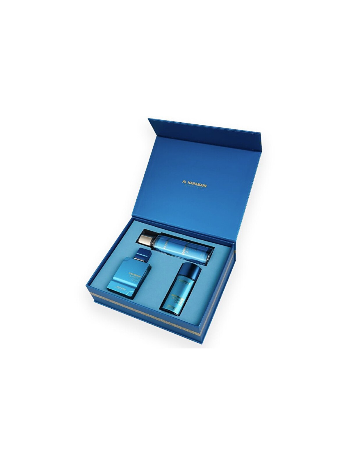 Al Haramain Amber Oud Aqua Dubai Set regalo Extrait de Parfum 75ml, Extrait de Parfum 30ml e body roll 250ml unisex