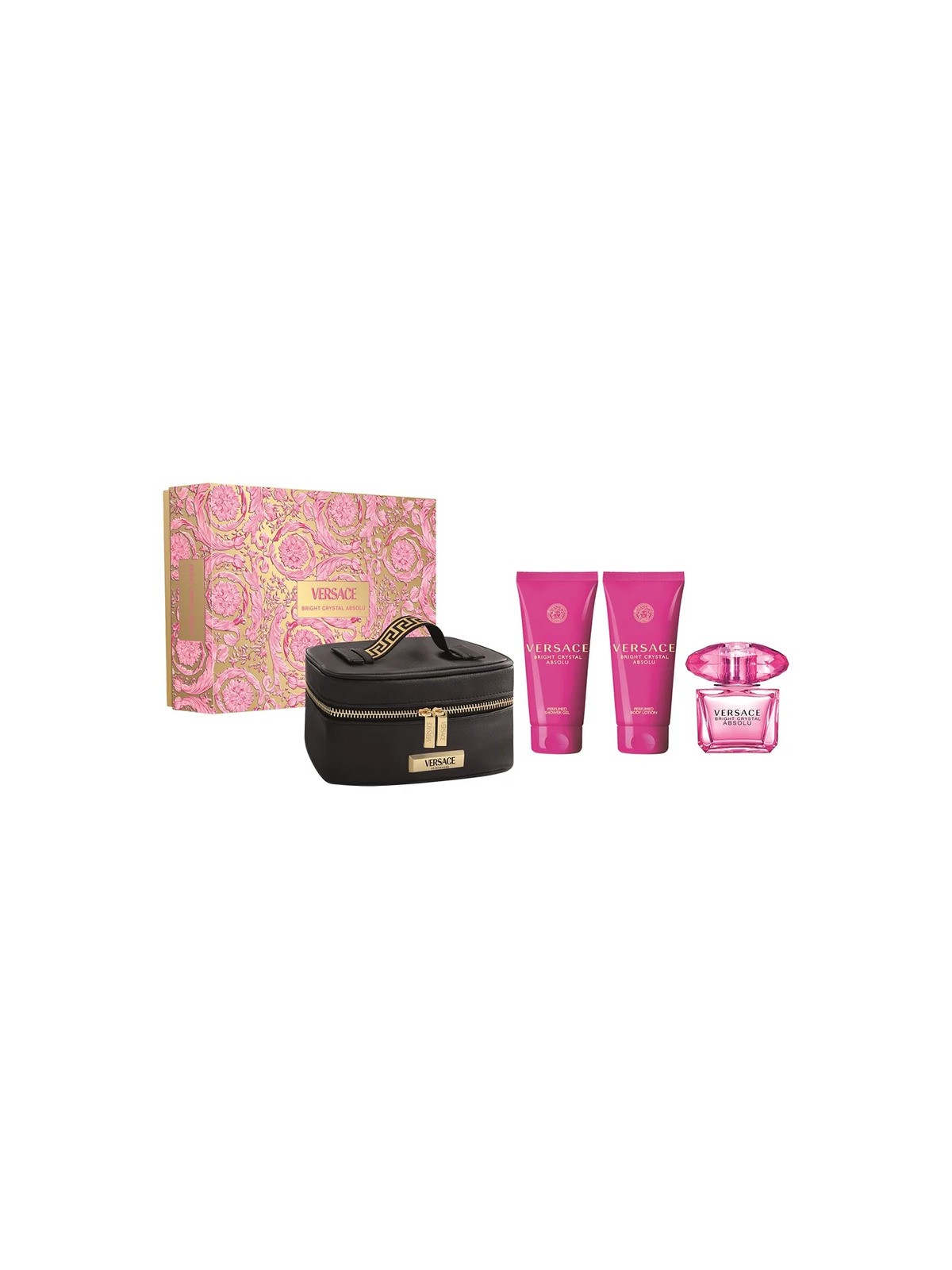 Cofanetto regalo Versace Bright Crystal Absolu: eau de parfum 90ml, lozione corpo 100ml, gel doccia 100ml e pochette da donna.