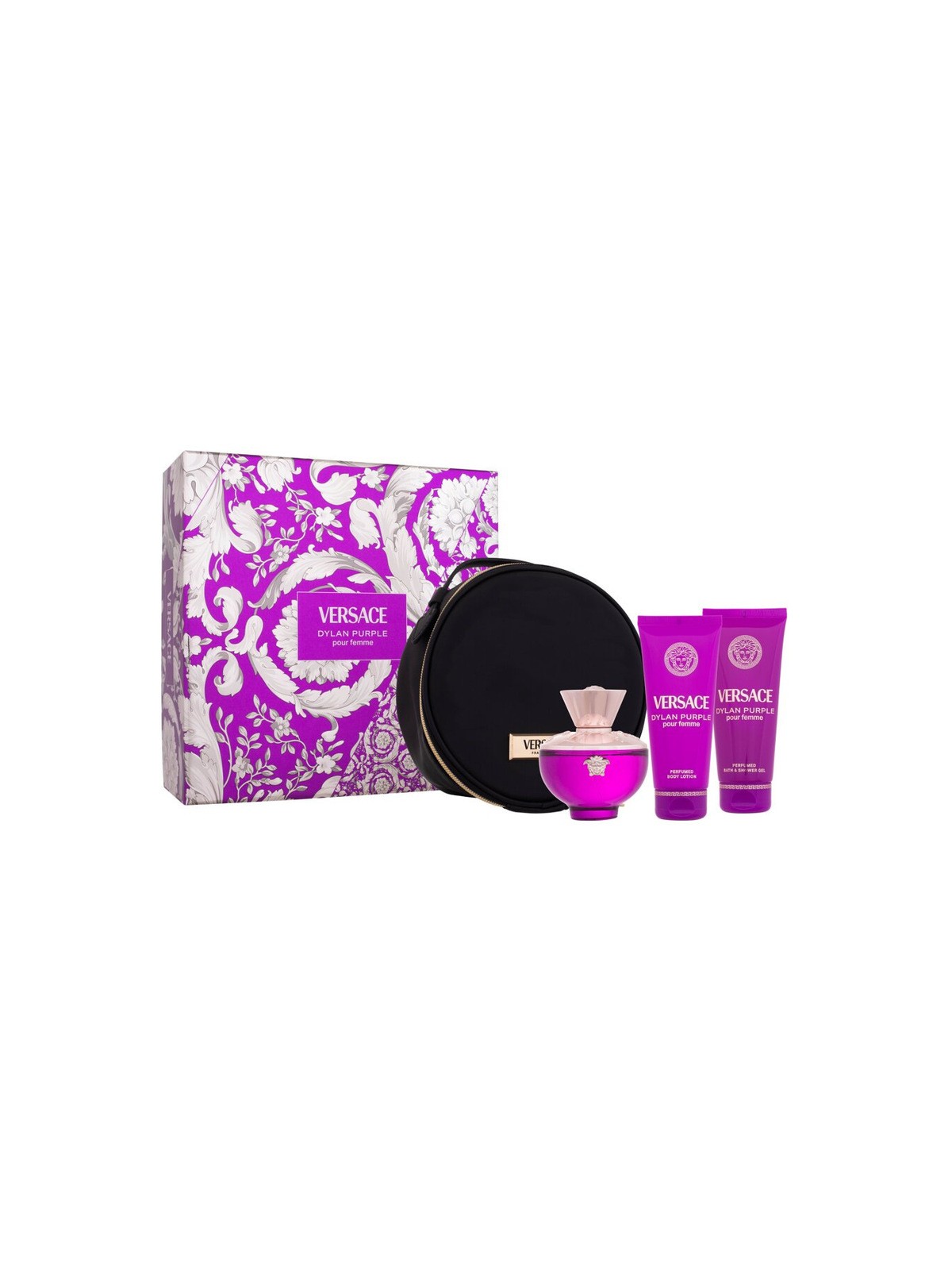 Set regalo Versace Dylan Purple: eau de parfum 100ml, latte corpo 100ml, gel doccia 100ml e cosmetico tatiōka donna