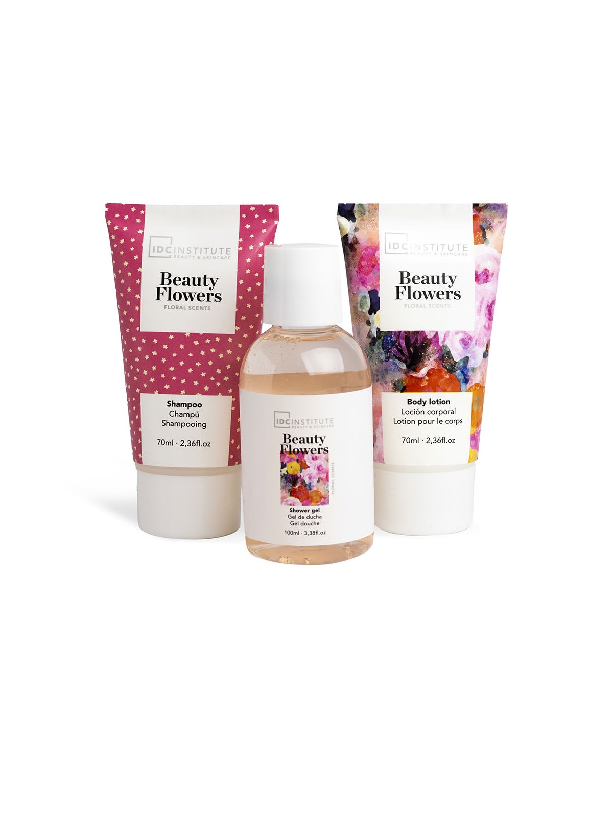 Idc Institute BELLEZZA FIORI BAGAGLIAIA DA VIAGGIO 4 PEZZI shampoo 70 ml + shower gel 100 ml + body lotion 70 ml unisex