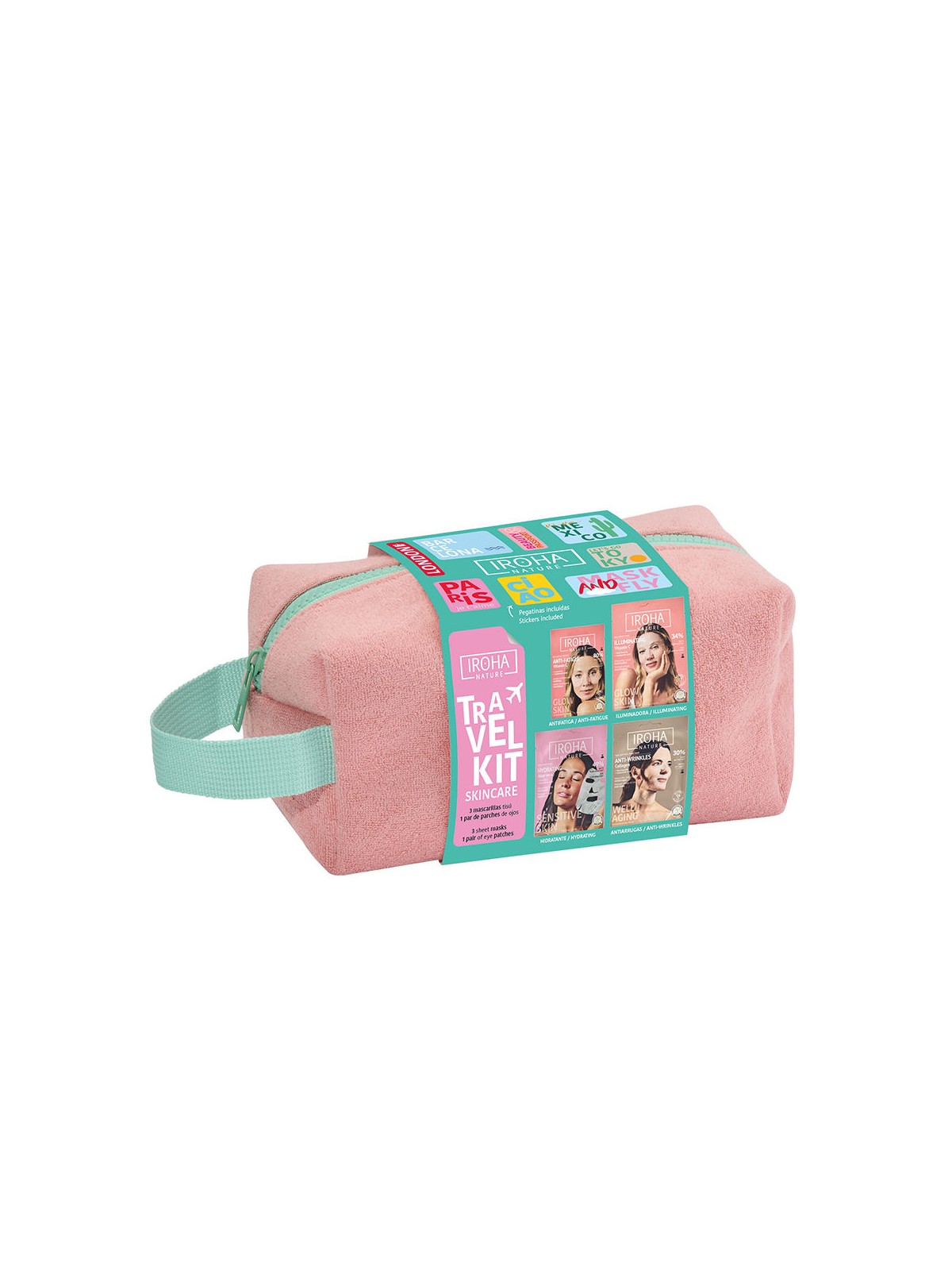 Iroha KIT DA VIAGGIO PER LA CURA DELLA PELLE 5 PEZZI 3 tissue masks + 1 pair of eye patches + toiletry bag unisex