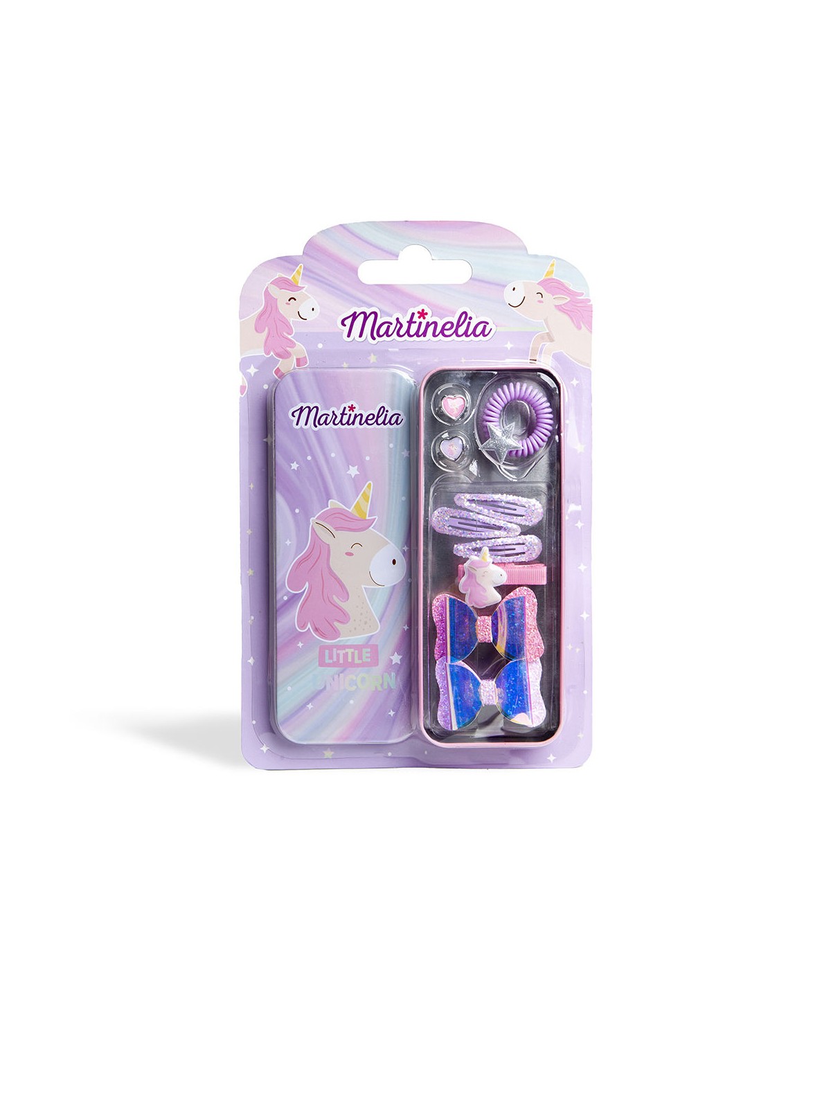 Martinelia SCATOLA DI LATTA UNICORNO 10 pezzi 2 bows + 3 clips + 1 scrunchie + 2 rings + 1 clip + case unisex