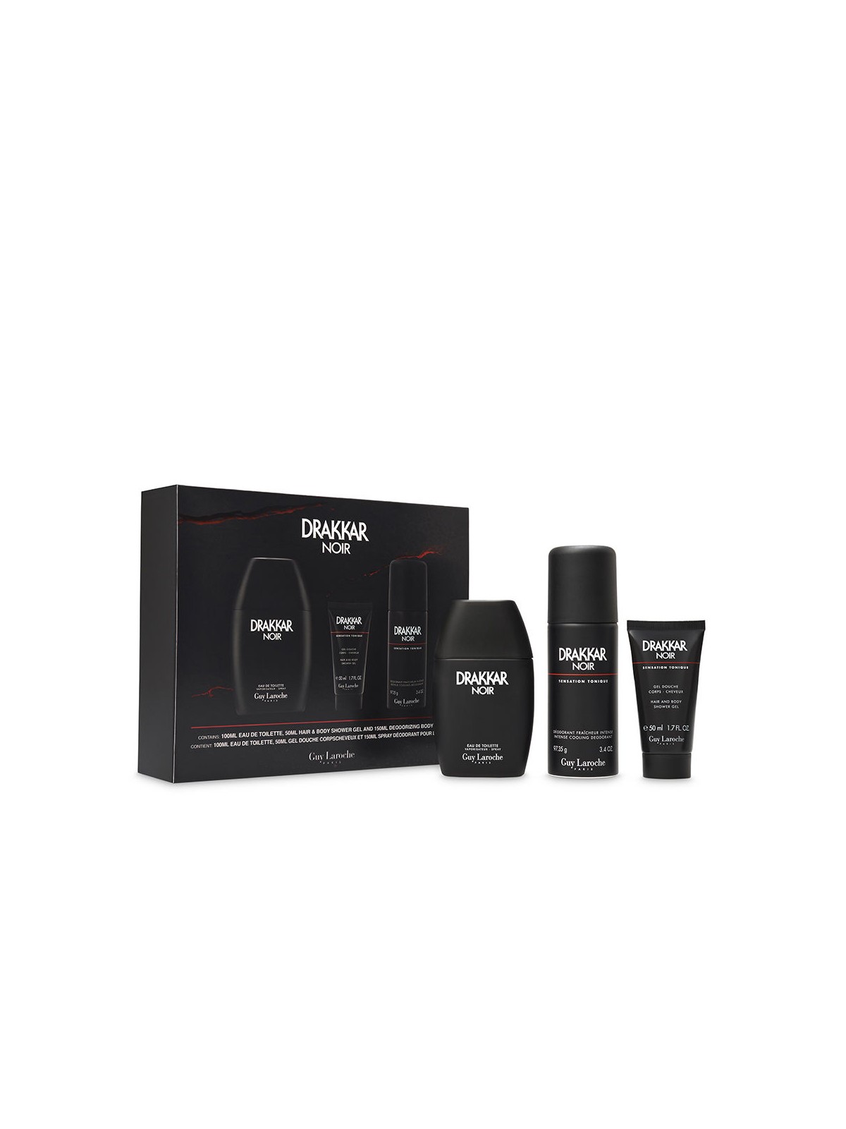 Drakkar Set di 3 pezzi DRAKKAR NOIR Eau de Toilette vaporizer 100 ml + deo vapo 150 ml + dcuha gel 50 ml uomo