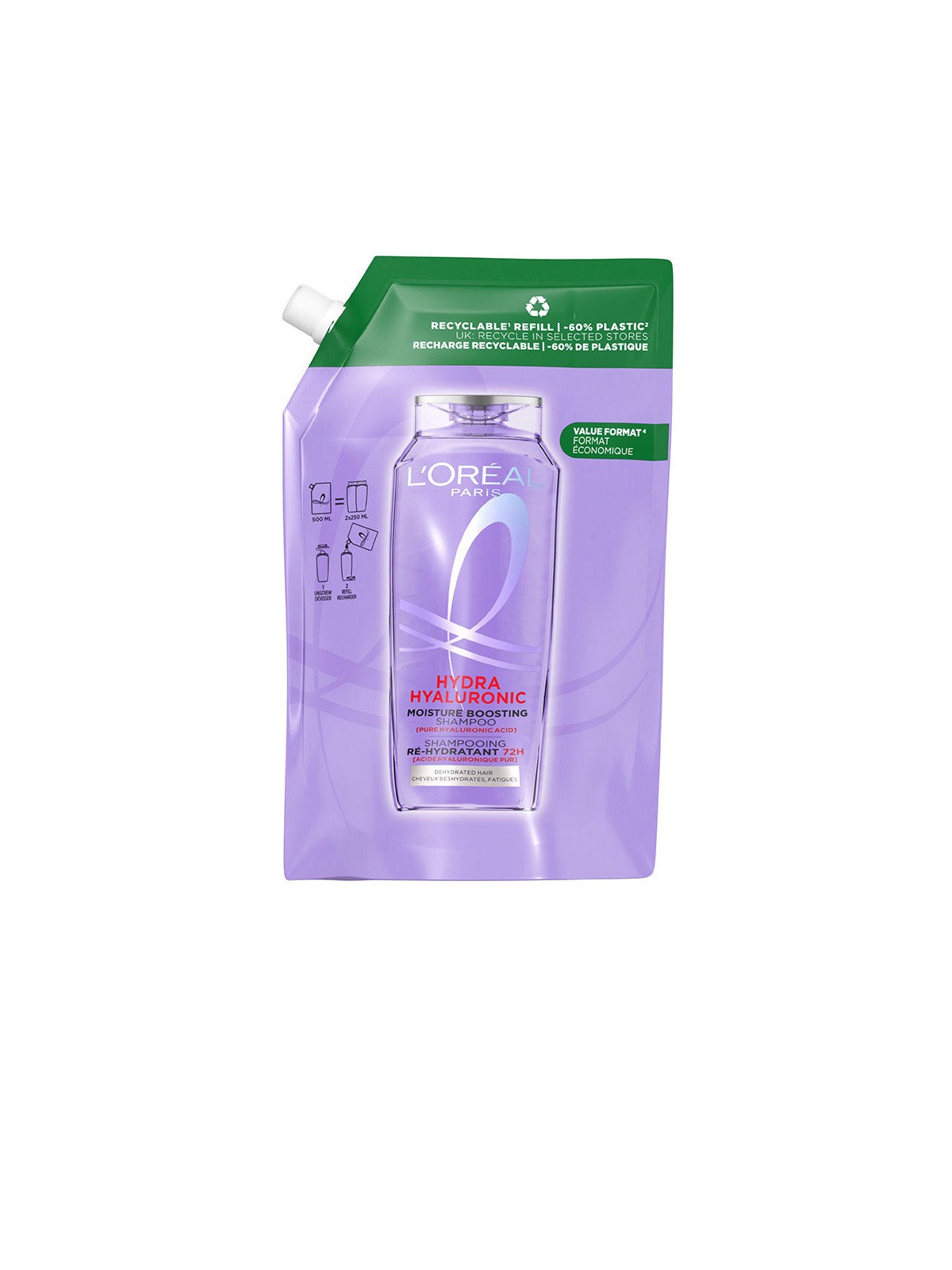 L'Oréal Paris Shampoo ELVIVE HYDRA HYALURONIC, ricarica ecologica idratazione 72 ore, confezione da 500ml unisex