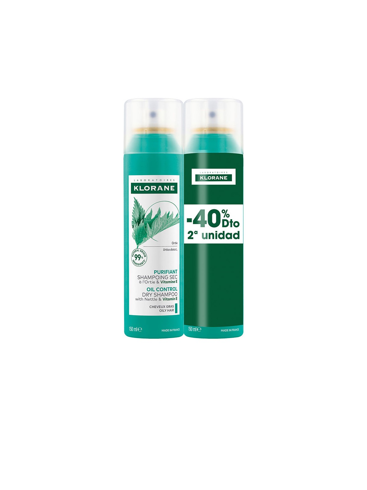 Klorane Shampoo secco all'ortica, sebo-regolatore per capelligrassi, confezione da 2 x 150ml 2 x 150 ml unisex