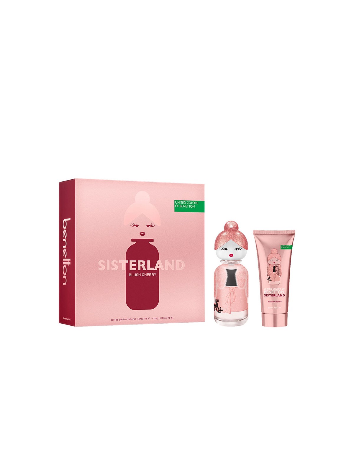 Benetton SISTERLAND Astuccio color ciliegia rosa, 2 pezzi Eau de Parfum spray 80ml + Perfumed body lotion 75ml donna