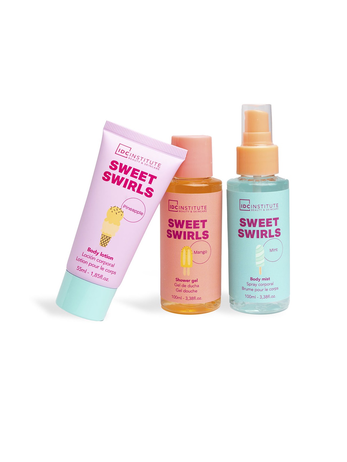 Idc Institute SWEET SWIRLS set da 4 pezzi 55ml Body Lotion + 100ml Shower Gel 100ml Body Mist + Toiletry Bag unisex