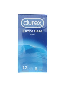Confezione da 12 preservativi Durex Extra Safe in gomma vulcanizzata trasparente.