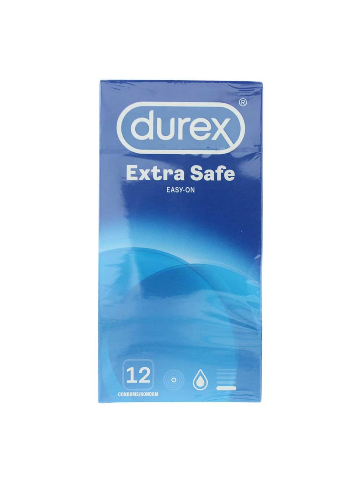 Confezione da 12 preservativi Durex Extra Safe in gomma vulcanizzata trasparente.