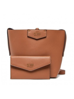 Borsa Guess Brenton in pelle ecologica e tessuto struttura rigida colore caramello modello 6432 donna dimensioni 22 x 18 x 9 cm.
