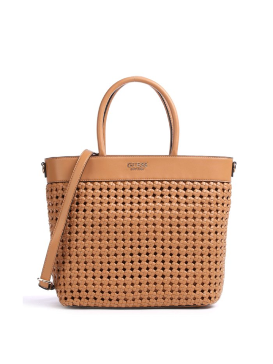 Borsa a mano Guess Sicilia in pelle sintetica e tessuto con scomparto foderato colore cognac HWWG8490230 30 x 30 x 12 cm.