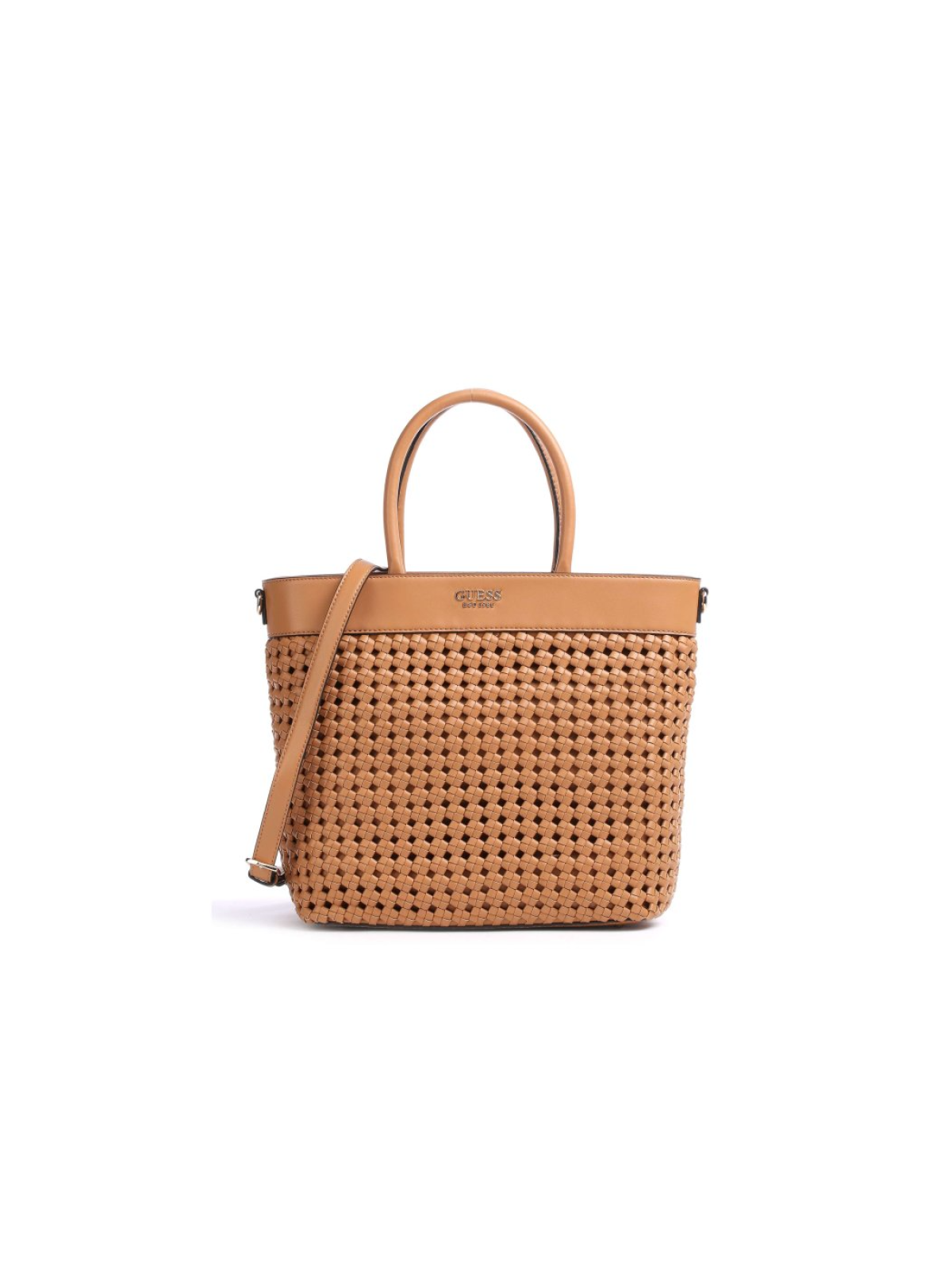 Borsa a mano Guess Sicilia in pelle sintetica e tessuto con scomparto foderato colore cognac HWWG8490230 30 x 30 x 12 cm.