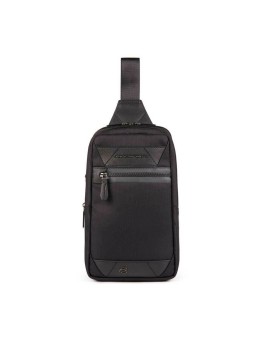 Borsa a tracolla monospalla Piquadro Trakai in pelle e tessuto nera 42021990 31 x 18 x 7 cm uomo