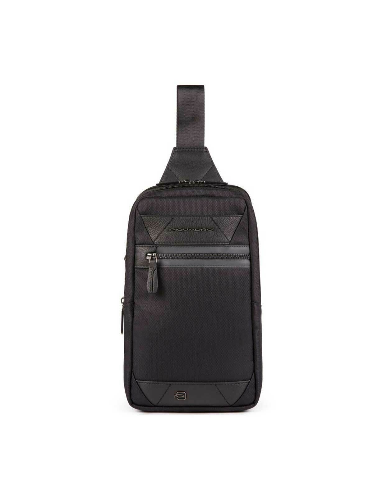 Borsa a tracolla monospalla Piquadro Trakai in pelle e tessuto nera 42021990 31 x 18 x 7 cm uomo