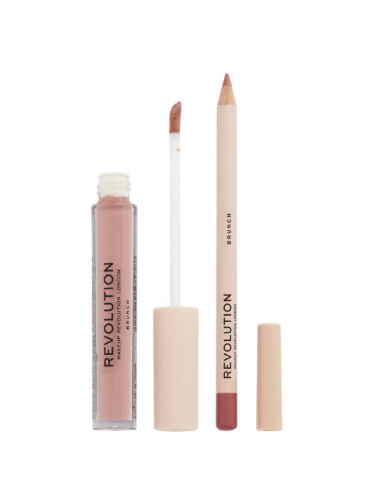 Set Makeup Revolution: Rossetto liquido Makeup Revolution Brunch 3ml + Matita labbra di precisione Makeup Revolution Brunch 1 g