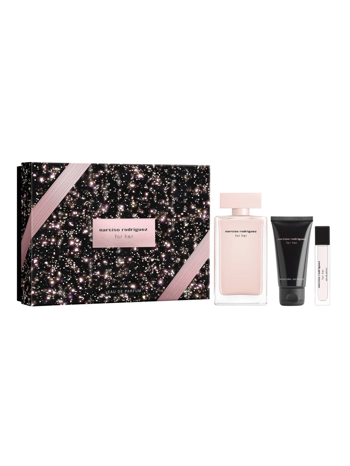 Set Narciso Rodriguez: For Her Eau De Parfum donna 100ml + For Her Hydrating Body Lotion 50ml + For Her Eau De Parfum donna 10ml