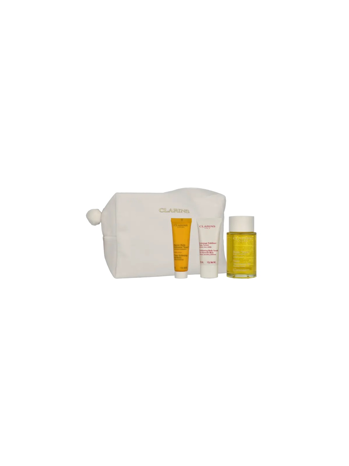 Clarins Aroma Set Tonic Treatment Oil 100 ml   Exfoliating Body Scrub 30 ml   Tonic Hydrating Oil-Balm 30 ml    Large Pouch 15m