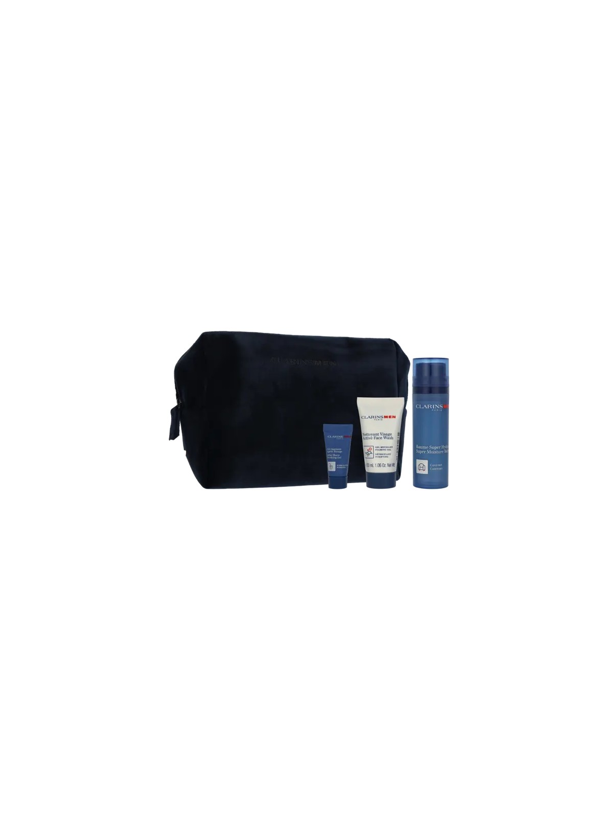 Clarins Men Set Super Moisture Balm  50 ml   Active Face Wash 30 ml   Sample Shave Oil 3 ml   Men Pouch 290g
