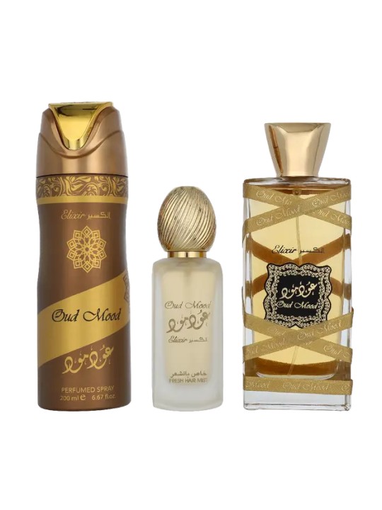 Lattafa SET Oud Mood Elixir eau de parfum spray 100ml + SPRAY PER CAPELLI 50ml + DEODORANTE spray 200ml