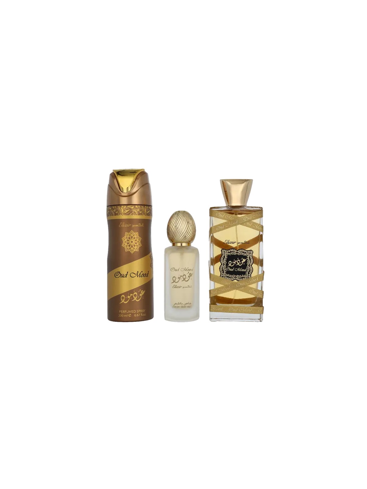 Lattafa SET Oud Mood Elixir eau de parfum spray 100ml + SPRAY PER CAPELLI 50ml + DEODORANTE spray 200ml