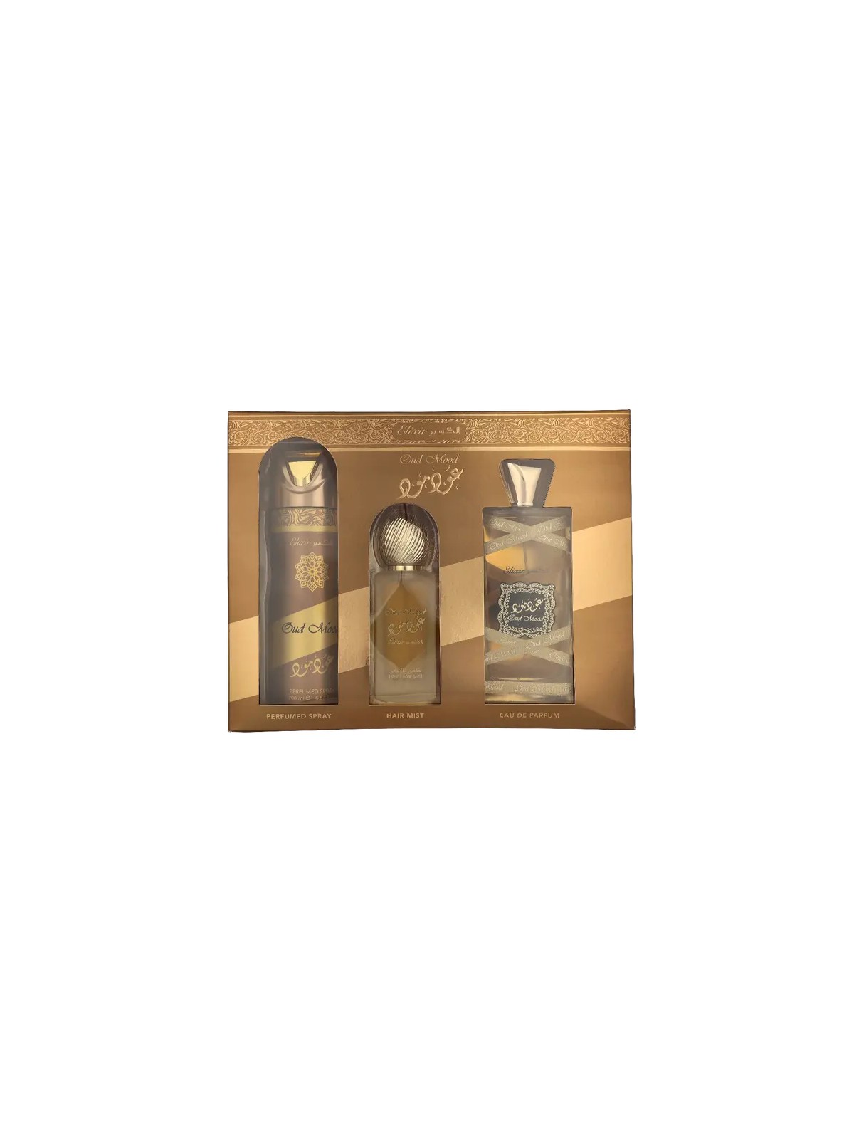 Lattafa SET Oud Mood Elixir eau de parfum spray 100ml + SPRAY PER CAPELLI 50ml + DEODORANTE spray 200ml