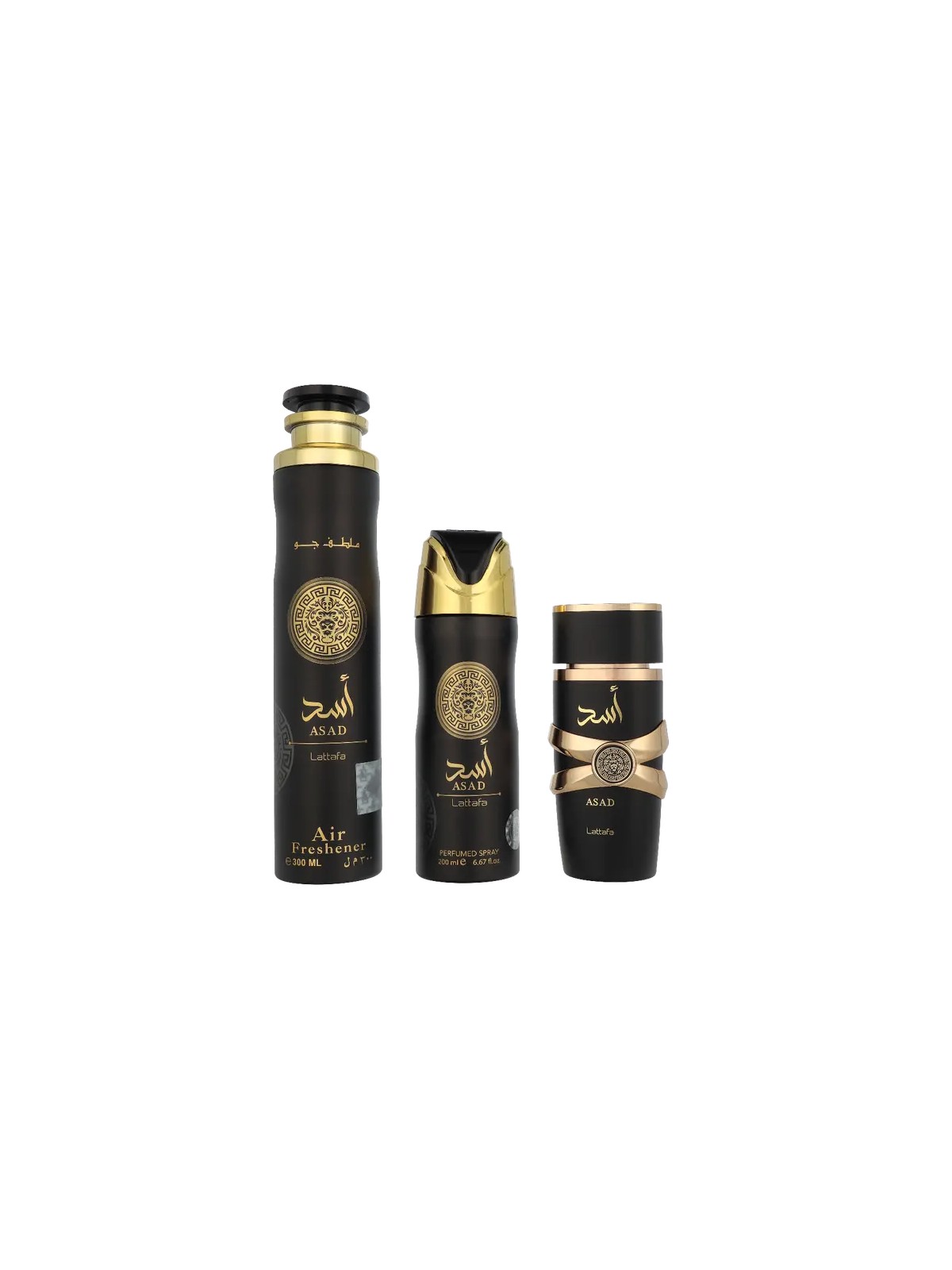 Lattafa SET Asad eau de parfum spray 100ml + DEO spray 200ml + DEODORANTE spray per ambienti 300ml