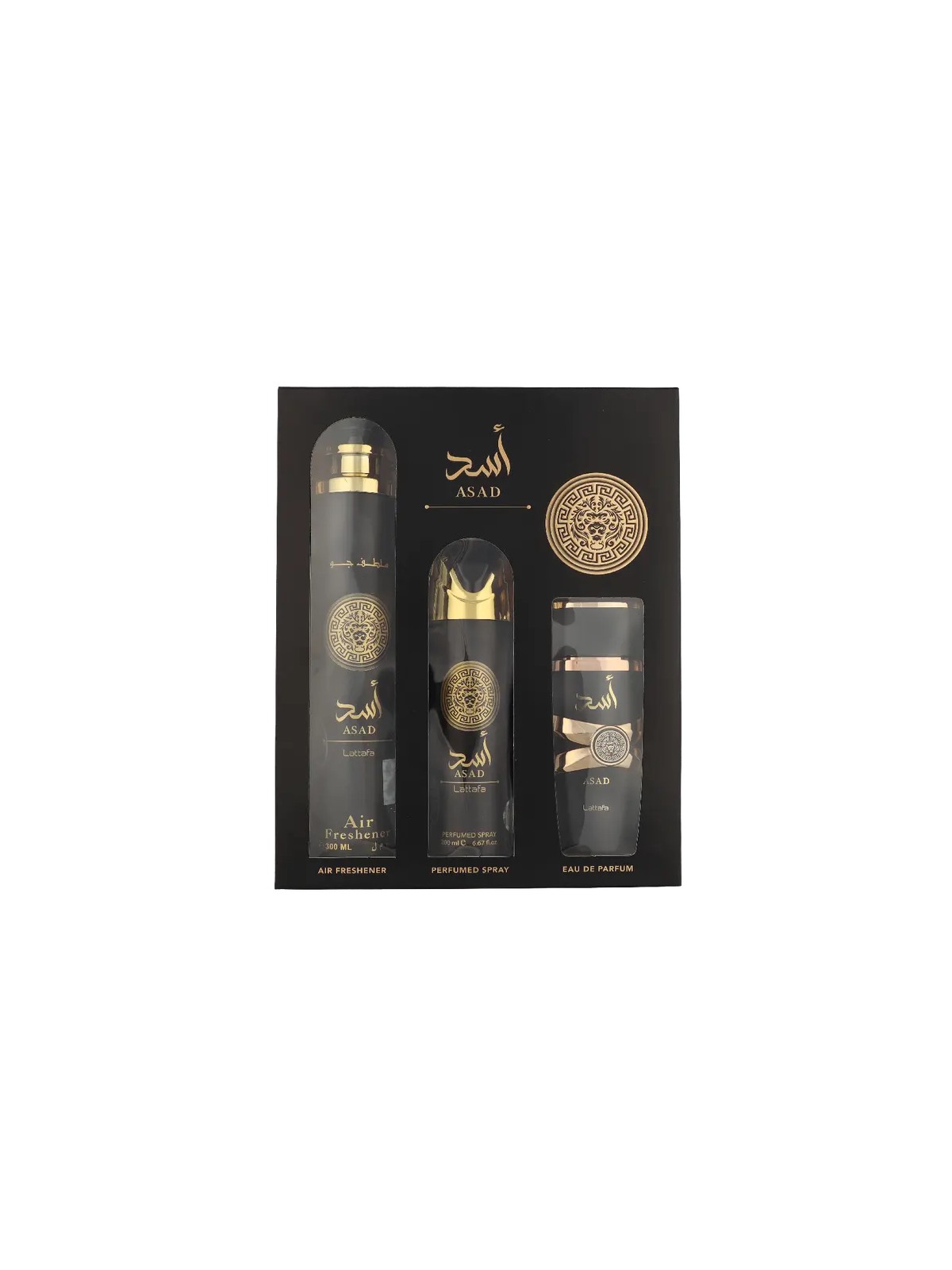 Lattafa SET Asad eau de parfum spray 100ml + DEO spray 200ml + DEODORANTE spray per ambienti 300ml