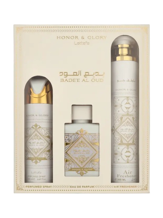 Lattafa SET Honor & Glory Badee Al Oud Eau de Parfum spray 100ml + Spray profumato 200ml + Deodorante per ambienti 300ml
