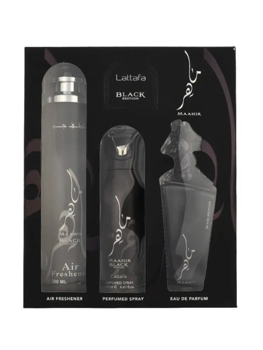 Lattafa SET Maahir Black Edition Eau de Parfum spray 100ml + Spray profumato 200ml + Deodorante per ambienti 300ml