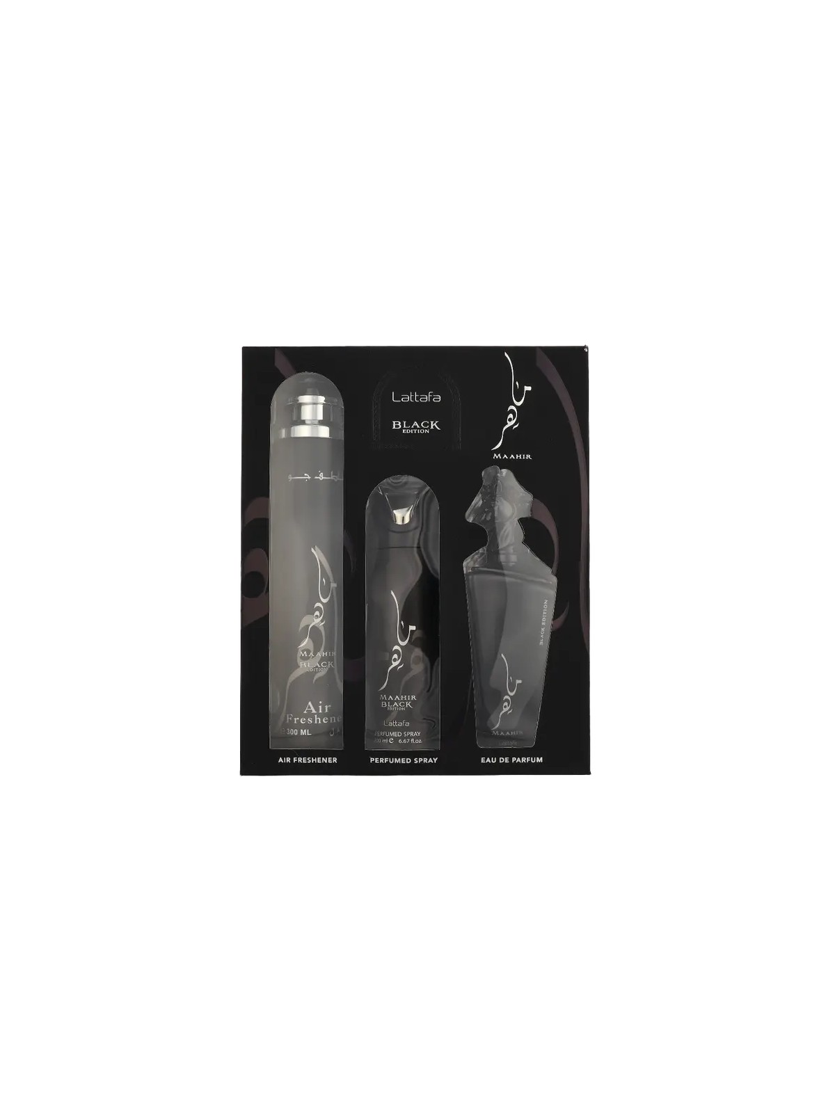 Lattafa SET Maahir Black Edition Eau de Parfum spray 100ml + Spray profumato 200ml + Deodorante per ambienti 300ml