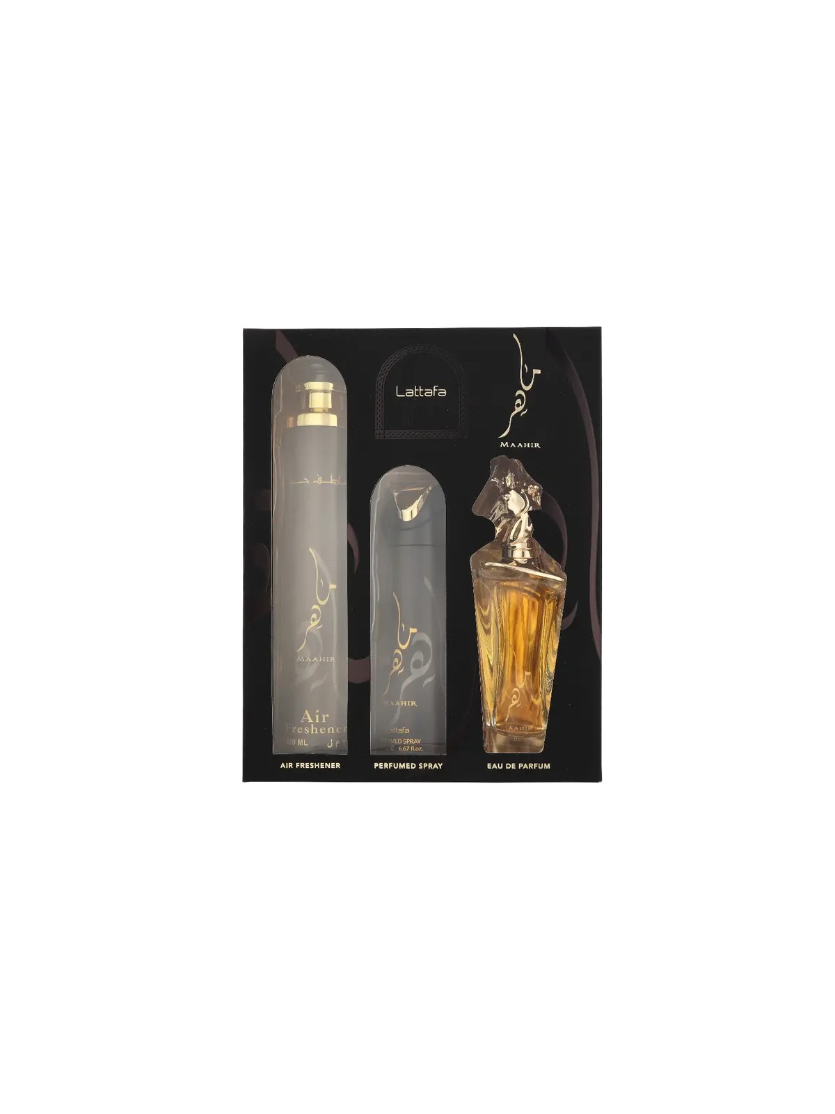Lattafa SET Maahir eau de parfum spray 100ml + SPRAY PROFUMATO 200ml + DEODORANTE PER AMBIENTI 300ml