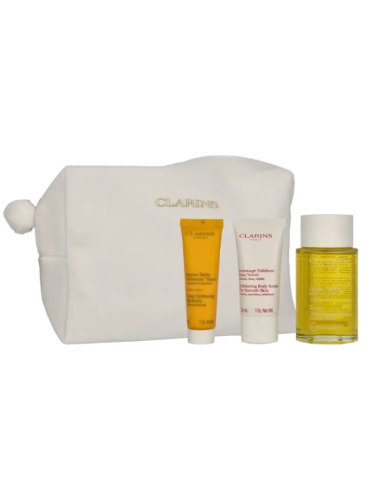Clarins Aroma Set Tonic Treatment Oil 100 ml   Exfoliating Body Scrub 30 ml   Tonic Hydrating Oil-Balm 30 ml    Large Pouch 15m