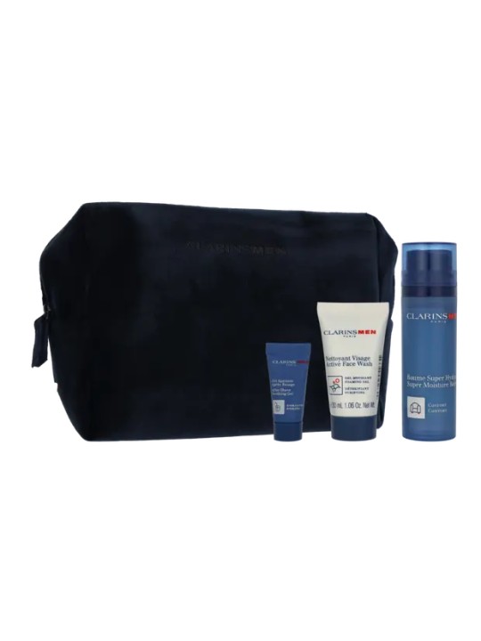 Clarins Men Set Super Moisture Balm  50 ml   Active Face Wash 30 ml   Sample Shave Oil 3 ml   Men Pouch 290g