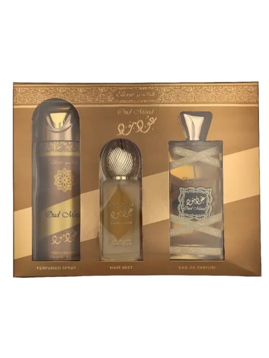 Lattafa SET Oud Mood Elixir eau de parfum spray 100ml + SPRAY PER CAPELLI 50ml + DEODORANTE spray 200ml