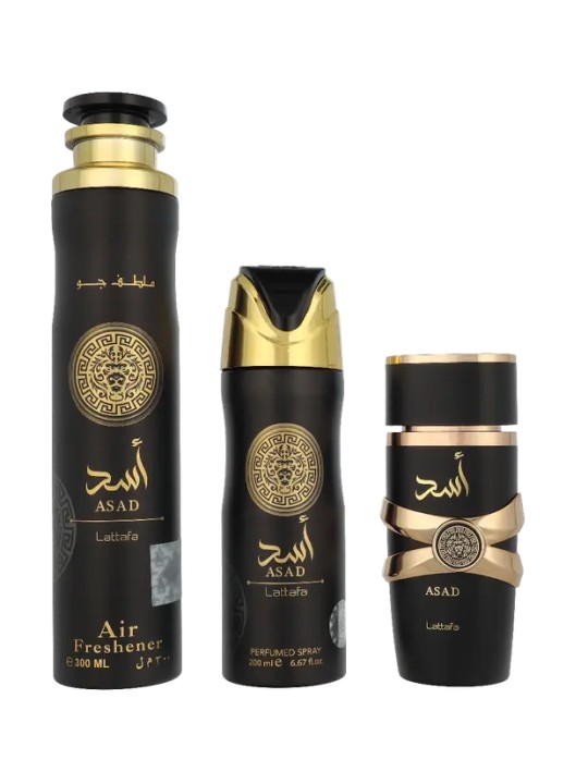 Lattafa SET Asad eau de parfum spray 100ml + DEO spray 200ml + DEODORANTE spray per ambienti 300ml