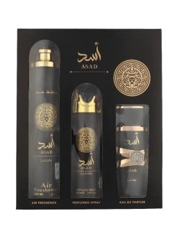 Lattafa SET Asad eau de parfum spray 100ml + DEO spray 200ml + DEODORANTE spray per ambienti 300ml
