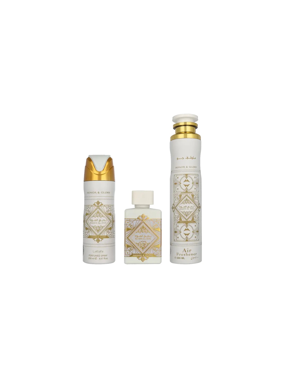 Lattafa SET Honor & Glory Badee Al Oud Eau de Parfum spray 100ml + Spray profumato 200ml + Deodorante per ambienti 300ml